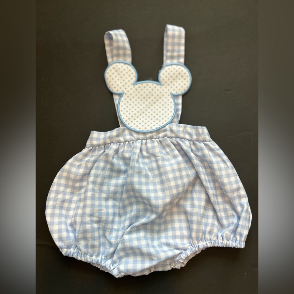 Anna Grace Blue and White Check Diaper Cover Romper  with Mickey Mouse Ears